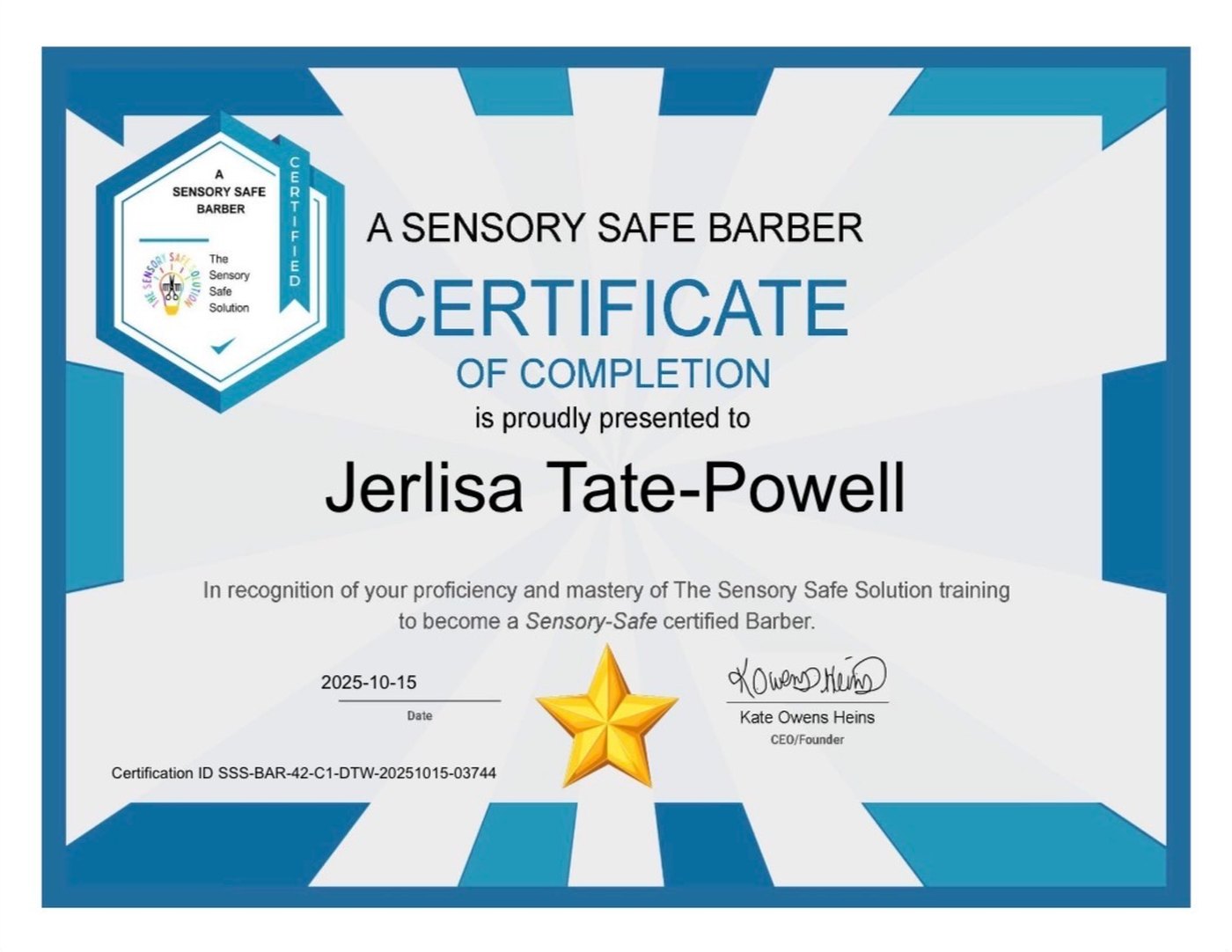 Certificate of completion: A Sensory Safe Barber, awarded to Jerlisa Tate-Powell by The Sensory Safe Solution, dated 15 October 2025